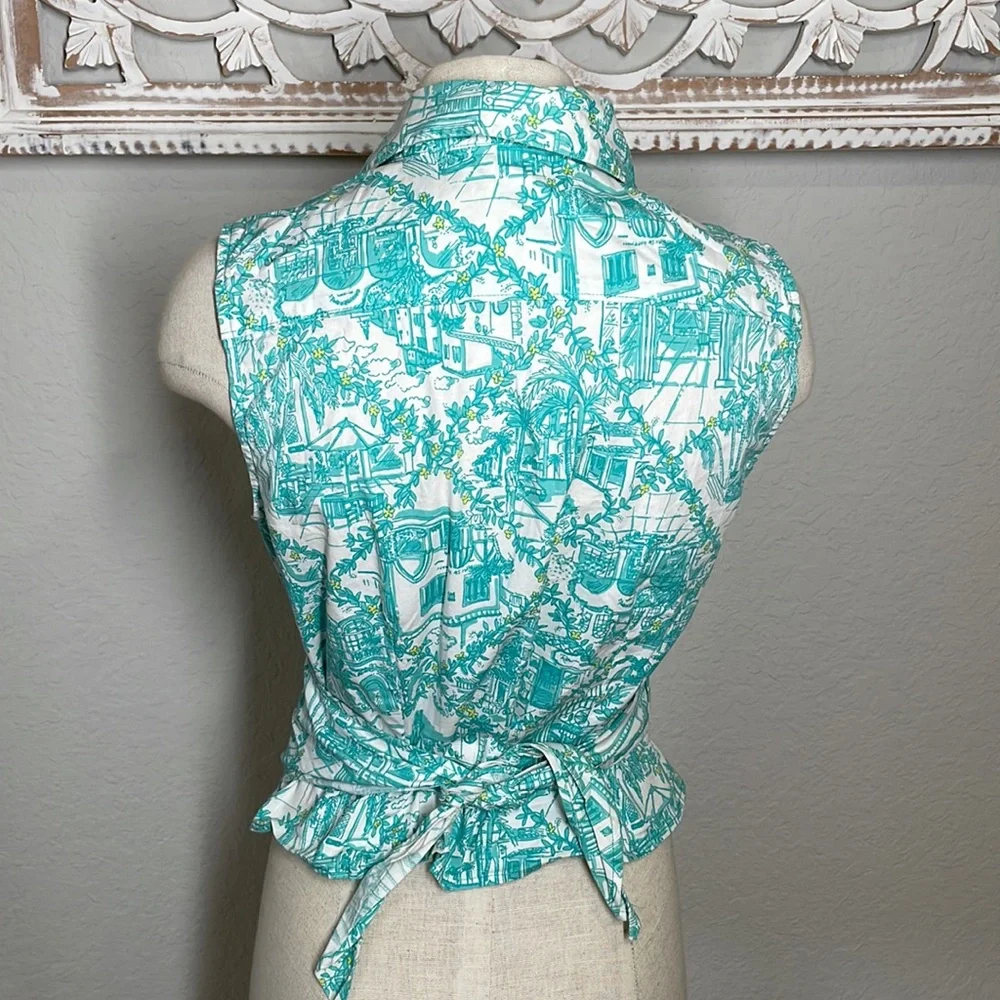 Lilly Pulitzer Worth Ave Toile Print Collar Wrap top SZ 6 - Picture 3 of 5